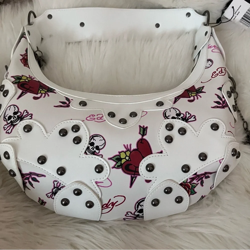 ED HARDY Studded White Vegan Leather Tattoo Crescent Bag NEW NWT